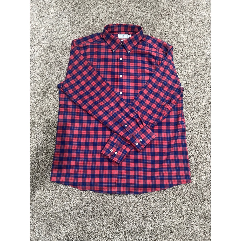Southern Tide Intercoastal Mens XL Red Navy Blue Plaid Performance Shirt Stretch
